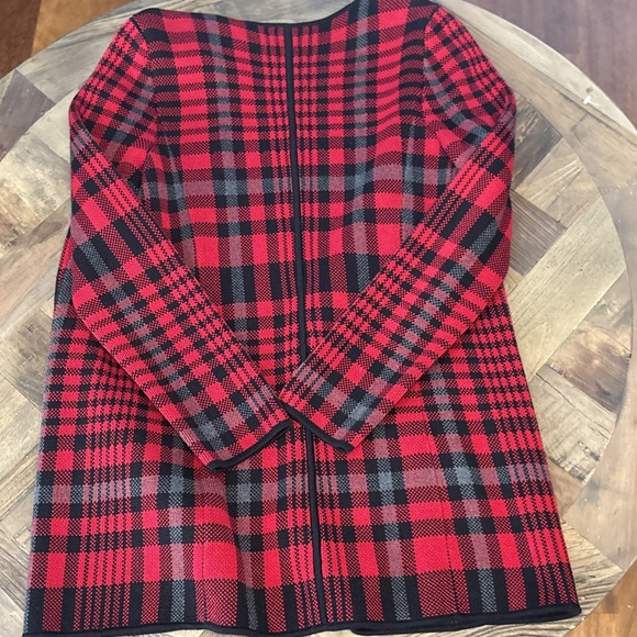 Talbots Cardigan Sweater Open Front Red Black Gray Tartan Plaid Cotton Knit - Picture 5 of 5